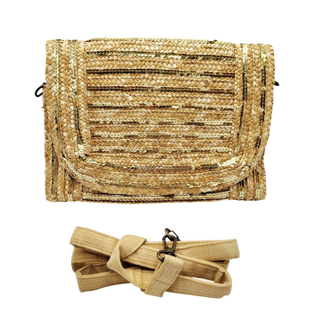 Limited Edition Woven Straw Raffia Golden Sequin Foldover Clutch Shoulder Bag